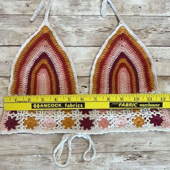 FOREVER 21 Crocheted Bikini Top XS/S Triangle Rainbow Granny Square Pink Orange - Picture 8 of 15